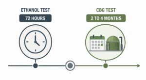 Timeline showing ethanol performance tests take 72 hours while CBG performance tests take 2 to 4 months