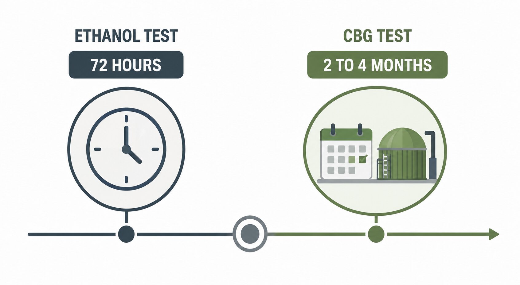 Timeline showing ethanol performance tests take 72 hours while CBG performance tests take 2 to 4 months